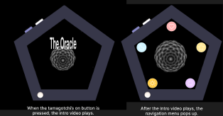 Two pentagon screens: first showing The Oracle title over a base form, second showing the element selection menu