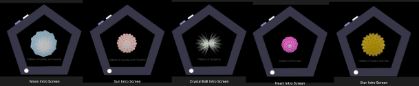 Five element intro screens side-by-side: Moon, Sun, Crystal Ball, Heart, and Star, each labeled with its matter