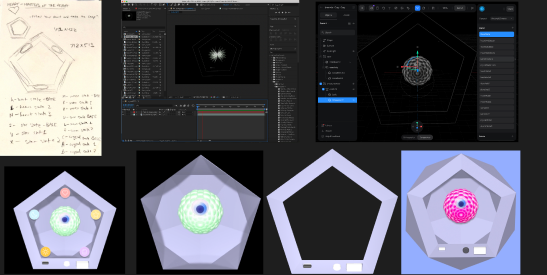Process work: sketches, After Effects timeline, Cinema 4D viewport, and early pentagon render states