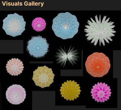 Grid of 3D bloom and burst forms in pink, blue, yellow, orange, and white — the full library of Oracle response visuals